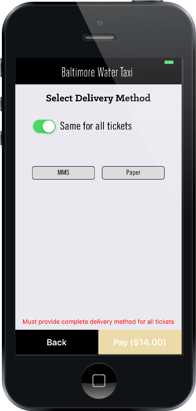 Users can select a delivery method (SMS or Paper) when purchasing tickets