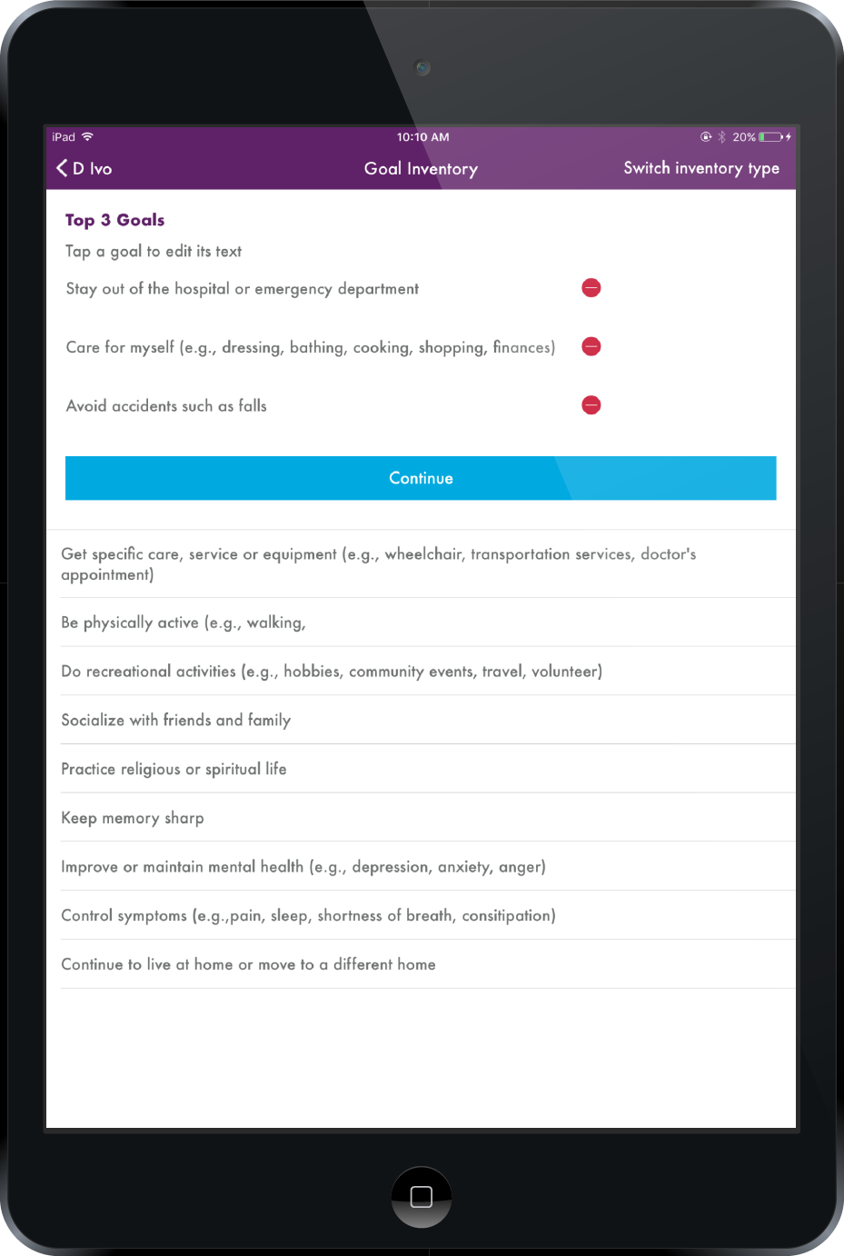 NCQA App screenshot: Clinicians assist patients in completing various questionnaires. This is a sample Patient Recorded Outcome Measurement (PROM) question, as it is asked and recorded by a clinician.